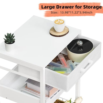 Lerliuo 3-Tier Printer Stand with Fabric Drawer and Shelves, White | Three-tier printer stand with fabric drawer and two shelves for paper, office supplies, scanners and fax machines - color: White