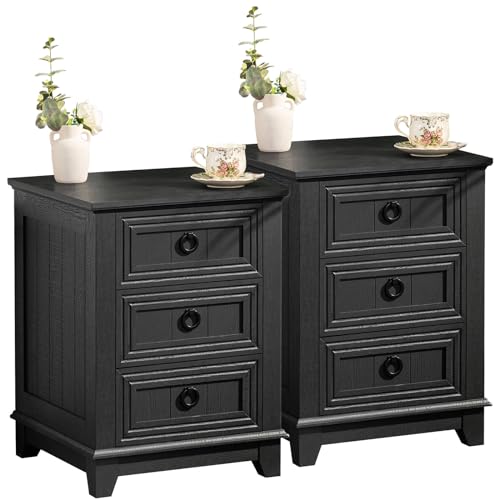 Joaxswe Farmhouse Night Stand Set of 2, 18" End Table with 3 Drawer Metal Handle, Dresser for Bedroom, Sofa Bed Side Table Chest of Drawers,Wood Nightstand Cabinet for Organizer, Living Room-Black - color: Black Set 2, size: 3 Drawers