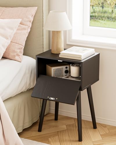 Night Stand Set 2, Black Nightstand with Fluted Doors, Small Modern Mid-Century Bedside Table for Bedroom, End Table for Living Room - color: Black