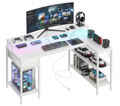 Alpen Gaming Desk, 47 Inch L Shaped Desk with LED Lights, Charging Ports, Corner Desk Reversible Gaming Computer Desk with Shelves Drawer Monitor Stand for Home Office,White - color: White, size: 47 Inches with LED Lights