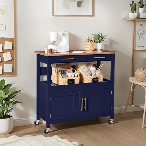 Best Choice Products 36in Large Rolling Kitchen Island Cart, 2-Door Cabinet, 2 Drawers, Pull-Out Shelf, Power Outlet, Hooks, & Swivel Lockable Wheels - Midnight Blue - style: Midnight Blue