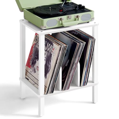 2-Tier Record Player Stand for Vinyl Records Storage End Table | Small Vinyl Record Holder Storage up to 100 Albums, Turntable Stand with Records Shelf for Living Room Bedroom Office, White