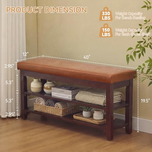 40" Faux Leather Shoe Storage Bench Entryway, Upholstered Bench with Leather Cushion, Solid Wooden 2 Tier Rack Shoe Organizer for Entry Way, Bedroom, Living Room, Light Brown - color: Light Brown