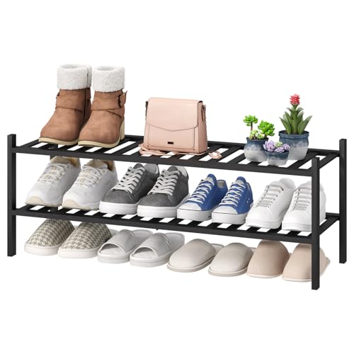 viewcare Black Shoe Rack, 2-Tier Long Shoe Rack for Entryway, Bamboo Wood Shoe Shelf for Closet & Hallway, Long 33IN | Beautiful | Functional | Sturdy | Durable - color: Black, size: 2-Tier Long