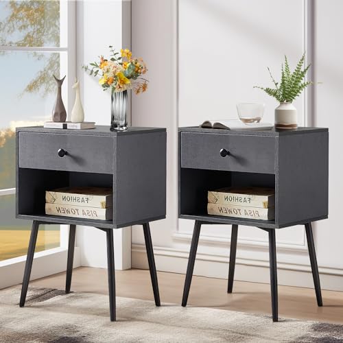 VECELO Nightstands Set of 2, Mid Century Modern End Bedside Table, Night Stand with Storage Drawer and 2 Tiers Open Shelf for Small Place, Bedroom, Living Room, Easy Assembly, Grey - color: Grey
