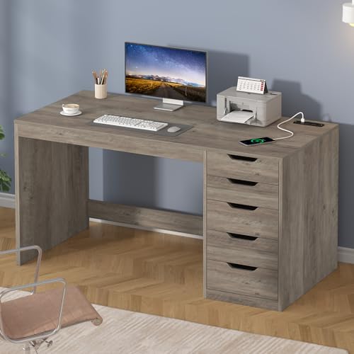 YOMILUVE 47 Inch Computer Desk with 5 Drawers and Power Outlets, Home Office Desks with Storage File Cabinet, Modern Simple Laptop Desk Writing Table for Small Spaces, Grey - color: Grey