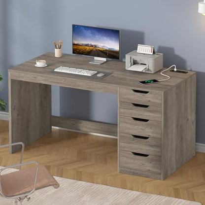 YOMILUVE 47 Inch Computer Desk with 5 Drawers and Power Outlets, Home Office Desks with Storage File Cabinet, Modern Simple Laptop Desk Writing Table for Small Spaces, Grey - color: Grey