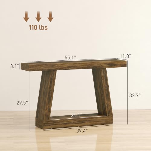 HOMCOM 55.1" Narrow Entryway Table with Thickened Tabletop Rustic Brown | 2-Tier Farmhouse Console Table, Storage Shelf, Trapezoidal Base, for Behind Couch Sofa, Living Room, Hallway, Entrance - size: 55.1" W