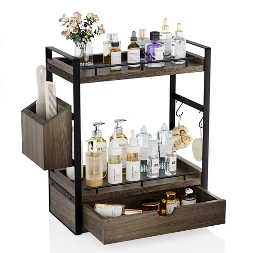 2-Tier Wood Bathroom Counter Organizer, Countertop Organizer with Drawer and Storage Basket, Bathroom Sink Organizer for Vanity, Skincare, Makeup, and Daily Essentials (Dark Brown) - color: Dark Brown