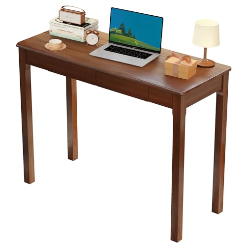 Solid Wood Desk with Drawers - 39" Narrow Desks for Small Spaces, Mid Century Modern Desks, Small Wooden Vintage Computer Writing Desk, Study Table for Home Office Bedroom, Walnut