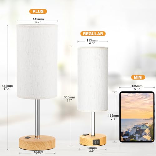 Touch Table Lamp - Cream, 3-Way Dimmable, USB A + C Charging, AC Outlet, 17.4inch Medium, Wood Grain Base - color: Cream Shade-Wood Base, size: 17.4" Touch Control