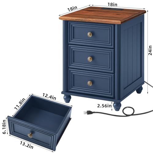 RWYHG 18" Night Stand with Charger Station, Nightstand with 3 Drawers | Farmhouse Modern Bedside Table, Metal Handle, Roman Column Legs, Blue Bed Side End Tables for Bedroom Living Room - color: Navy Blue, size: 18"D x 18"W x 24"H (3 Drawers)