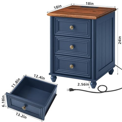 RWYHG 18" Night Stand with Charger Station, Nightstand with 3 Drawers | Farmhouse Modern Bedside Table, Metal Handle, Roman Column Legs, Blue Bed Side End Tables for Bedroom Living Room - color: Navy Blue, size: 18"D x 18"W x 24"H (3 Drawers)
