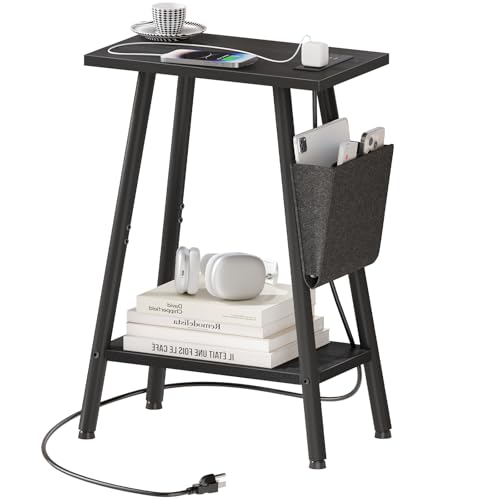 MOHOPE Small Narrow Side Table with Charging Station | Skinny End Table with Storage Bag | 2-Tier Slim Nightstand with USB & Type-C Ports | Sofa Table for Small Spaces | Living Room, Bed Room | Black