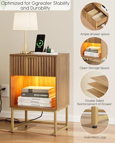 Masupu Fluted Nightstand with Charging Station and LED Lights,Modern Night Stand Wood Bedside Table with Storage Drawer Side End Table for Bedroom,Office,Walnut Brown - color: Light-walnut Brown