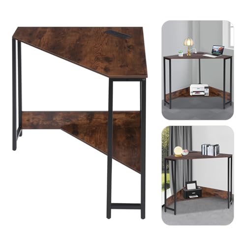 Corner Desk with 2 Outlets & USB Ports, 90 Degree Triangle Corner Table with Storage Shelves for Small Space, Corner Computer Desk W/Charging Station for Home Office Bedroom