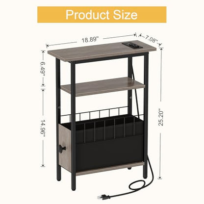 Snughome Narrow Side Table with Charging Station, Slim End Table for Small Spaces, 3 Tier Skinny Nightstand with Drawer, Sofa Beside Table with Storage Shelf for Living Room Bedroom Grey - color: Grey