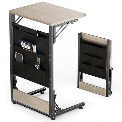 Folding TV Tray Table, 28.8" Tall C-Shaped Side Table for Couch and Bed, Slide Under Sofa Side Desk with Storage Bag - Sturdy Metal Frame Tray for Living Room, Bedroom, Home & Office (Oak Gray) - color: Oak Gray, size: 15.7" x 11.8" x 28.8"