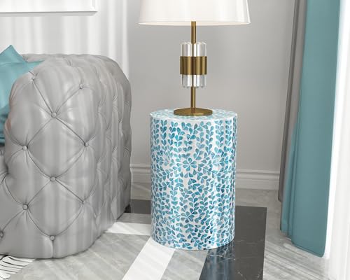 PEMAR Mother of Pearl Inlaid Cylinder Drum End Table Nacre Capiz Shell Side Table Stool Drum Accent Table Coffee Bedside Side Table Round Nightstand and Vanity Stool (Teal Floral) - color: Teal Floral