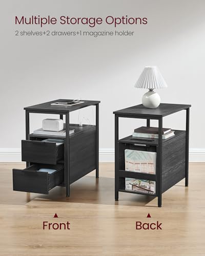 VASAGLE Side End Table with Charging Station, Slim Nightstand with 2 Drawers, Narrow Bedside Table for Living Room, Small Spaces, Charcoal Gray and Ink Black ULET321B22V1S - color: Charcoal Gray + Ink Black, size: 23.6"D x 11.8"W