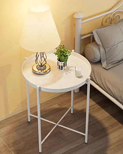 EKNITEY End Table,Folding Metal Side Table Waterproof Small Coffee Table Sofa Side Table with Removable Tray for Living Room Bedroom Balcony and Office - color: White, size: 1 tier