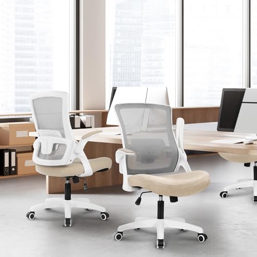NEO CHAIR Office Desk Gaming Chair Computer High Back Mesh Seat with Rolling Wheels Ergonomic Adjustable Comfy Flip-up Armrests Lumbar Support Height for Home (Beige White Frame) - color: Beige