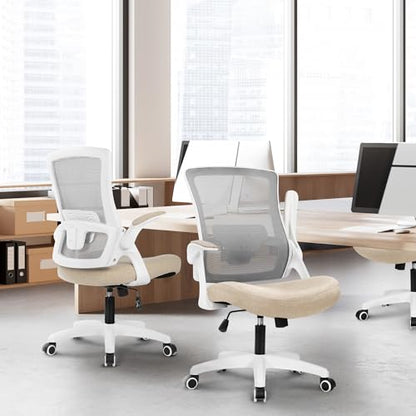 NEO CHAIR Office Desk Gaming Chair Computer High Back Mesh Seat with Rolling Wheels Ergonomic Adjustable Comfy Flip-up Armrests Lumbar Support Height for Home (Beige White Frame) - color: Beige