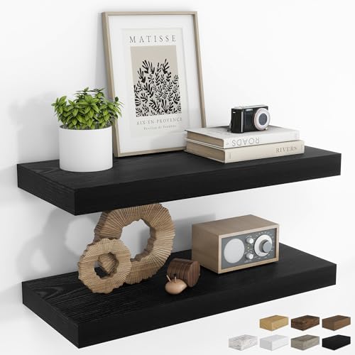 RICHFOCUS 24Inch Floating Shelves for Wall 2 Pack Shelves for Bedroom|Kitchen|Bathroom Wall Mounted Rustic Wood Floating Shelf with Invisible Brackets for Books|Storage|Decor, Black - color: Black, size: 23.6"L x 8"D, Set of 2