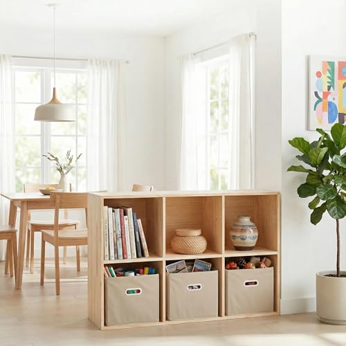 Gdrasuya10 6 Cube Bookshelf with 3 Storage Baskets, Modern Wood Horizontal Bookcase, Natural Large Book Case, Freestanding Book Organizer Display Shelf for Bedroom, Living Room, Office - size: 6 Cubes with 3 baskets