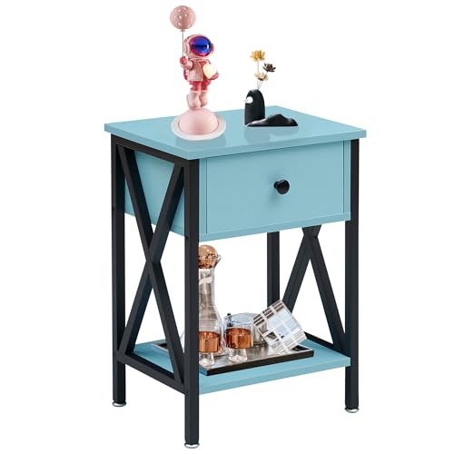 VECELO Nightstand,Modern Bedside End Table, Night Stand with Drawer and Storage Shelf for Living Room Bedroom, Industrial Metal Frame - color: Light Blue, size: Set of 1