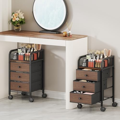 SWTYMIKI Rolling Makeup Organizer Cart - Under Desk Vanity Makeup Storage with 3 Non-woven Drawers, Nail Cart Organizer Cosmetic Display Cases Cabinet for Skin Care Perfume Nail Polish Brush Hair Tool - color: Black, size: 4-Tier