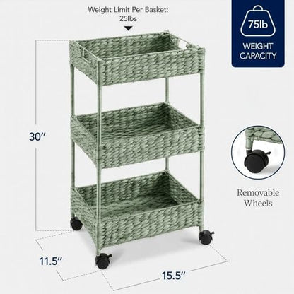 Best Choice Products 3-Tier Water Hyacinth Rolling Nursery Caddy w/Wheels, Utility Cart, Storage Organization for Bathroom, Craft Room, Laundry Room - Sage - color: Sage