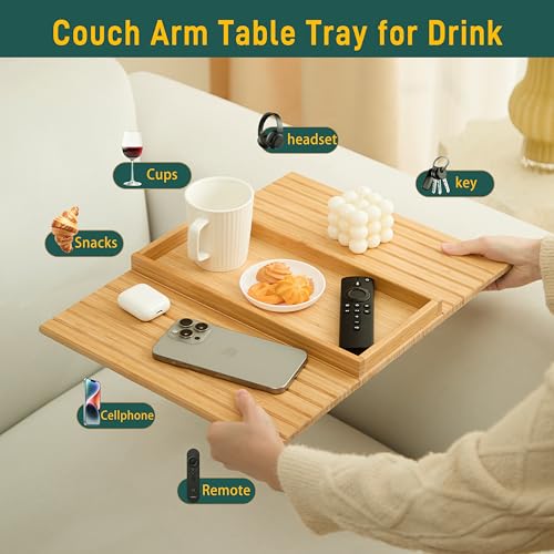 Bamboo Couch Arm Tray Table，Foldable Sofa Armrest Tray Table for Couch，Flexible and Anti-Slip Couch Arm Cup Holder，Portable Sofa Arm Chair Table for Drink,Cups, Eats，Snacks, Phone, Remote - color: Bamboo