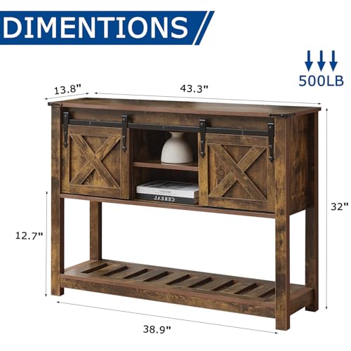 Brown Farmhouse Entryway Table, Rustic Hallway Table with Storage Shelf, Sofa Table with Sliding Barn Doors for Hallway, Entryway, Living Room, Foyer - color: Brown
