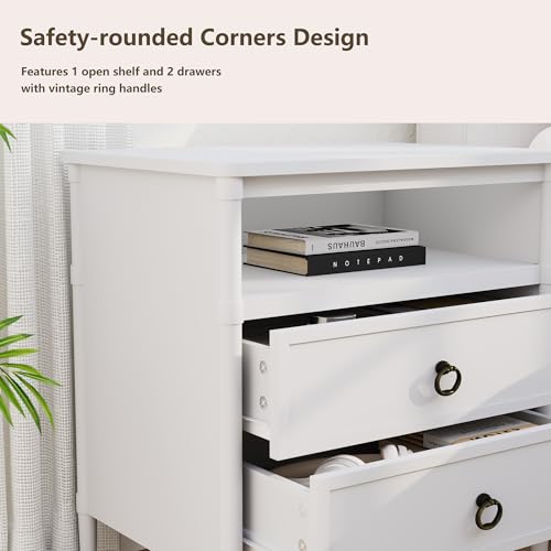 Nightstand, Mid Century Modern Night Stand with 2 Drawers and Open Shelf, Beside Table with Distressed Ring Handle for Bedroom,End Table (1, White) - color: White