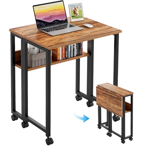 GreenForest Folding Desk with Wheels, 31.5" Rolling Table for Small Spaces | Storage Shelf, Lockable Casters, Compact Portable Workstation, Space-Saving Foldable Sofa Table, Home Office, Mobile, Walnut - color: Walnut, size: 31.5 inch
