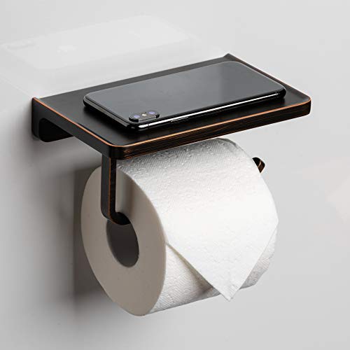 Linkaa Bronze Toilet Paper Holder with Shelf Oil Rubbed Bronze,Wall Mount Bathroom Toilet Tissue Roll Holder Dispenser with Phone Shelf Storage for Bathroom Kitchen Wall丨Heavy Duty Zinc Alloy - color: Oil Rub Bronze, size: Single Roller