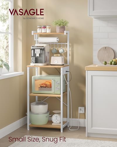 VASAGLE BARNET Collection - Kitchen Bakers Rack with Power Outlet, 17.7-Inch Wide Coffee Bar 4-Tier with 8 S Hooks, Modern Microwave Stand, Adjustable Shelf, Golden Oak and Cloud White UKKS013YA01 - color: Golden Oak + Cloud White, size: 17.7"W