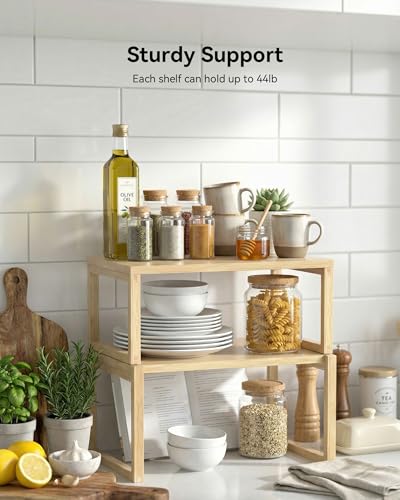 Bamboo Cabinet Organizer Shelf 2 Pack,Kitchen Shelf Organizer | Stackable Wood Spice Rack Storage for Kitchen and Bathroom Cabinet, Pantry & Countertop Nestable