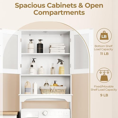 Yaheetech Over The Toilet Storage Cabinet with Double Tempered Glass Doors and Adjustable Shelf, Freestanding Bathroom Storage Rack, 66 Inches Height - color: White