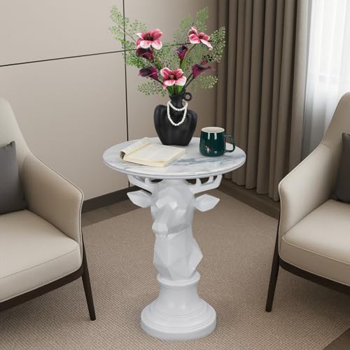 Modern Deer Head Sculpture Side Table, Round Metal End Table with Geometric Animal Base, Industrial Accent Table for Living Room, Bedroom, Office, Dark Bronze Finish - color: Deer - White Geometric