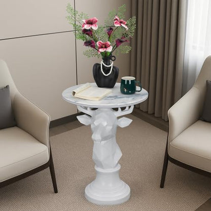 Modern Deer Head Sculpture Side Table, Round Metal End Table with Geometric Animal Base, Industrial Accent Table for Living Room, Bedroom, Office, Dark Bronze Finish - color: Deer - White Geometric