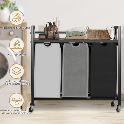 SwaaVee Laundry Sorter, Laundry Hamper 3 Section, 3×11.4Gal, Metal Frame Rolling Laundry Basket with Wooden Top Shelf, Pull out and Removable Laundry Bags, 3 Bags-Black Grey White - color: Black-Grey