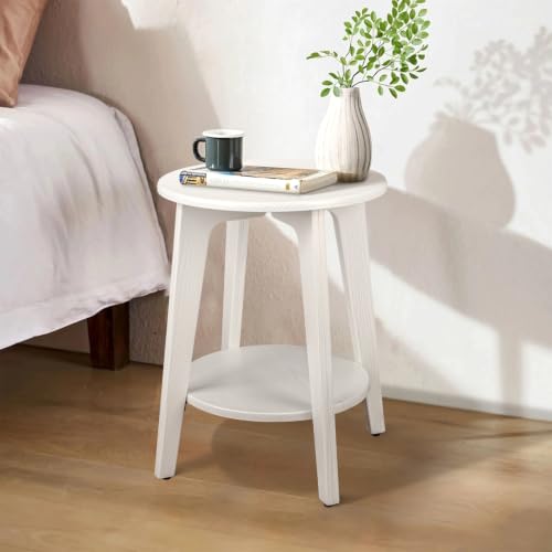 Small End Side Table Wooden Round End Table with Lower Shelf Wood Grain White Nightstand Sofa Tables for Small Spaces, Living Room, Bedroom - color: Wood Grain White