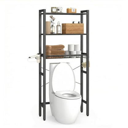 VASAGLE BARNET Collection - Over the Toilet Storage, Over Toilet Bathroom Organizer with Adjustable Shelves and Basket, 3 Hooks, Space Saving, 9.4 x 23.6 x 63 Inches, Ebony Black UBTS113BE01S - color: Ebony Black, style: 3 Tiers (63" H)