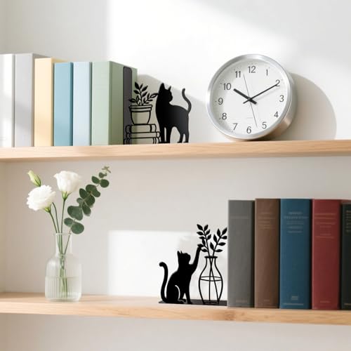 Metal Bookends Cat and Vase Book Ends for Shelves | Cat Bookends Decorative Unique Desk Bookend Black Non-Skid Book Stopper for Home Reading Bookshelf Decor Book Lovers Gift - style: Cat and Vase