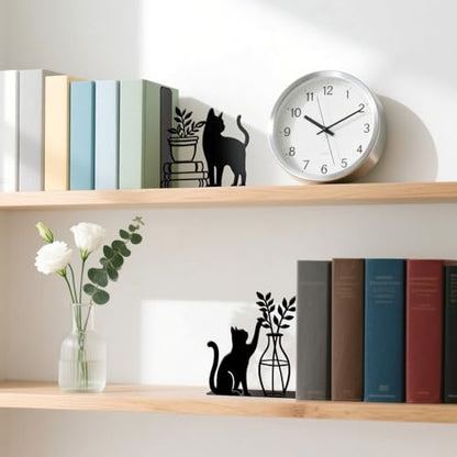 Metal Bookends Cat and Vase Book Ends for Shelves | Cat Bookends Decorative Unique Desk Bookend Black Non-Skid Book Stopper for Home Reading Bookshelf Decor Book Lovers Gift - style: Cat and Vase