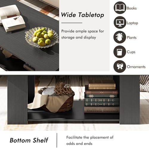 Tangkula 2-Tier Coffee Table, Modern Rectangular Center Cocktail Table with 5 Support Legs, Wooden Accent Living Room Furniture, Small Coffee Table for Small Spaces, Easy Assembly (Black) - color: Black