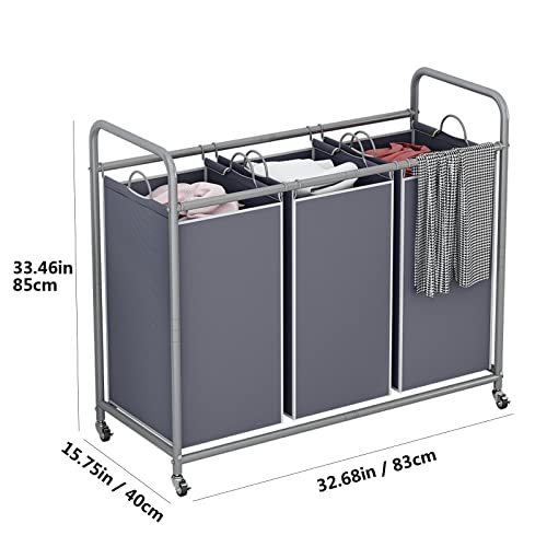 LINZINAR 3 Section Laundry Hamper, Grey Laundry Basket, 135L Laundry Sorter | Laundry Room Organization with Heavy Duty Rolling Lockable Wheels and Removable Bag, Bedroom Laundry Cart for Clothes Storage - size: 3 Bags Grey