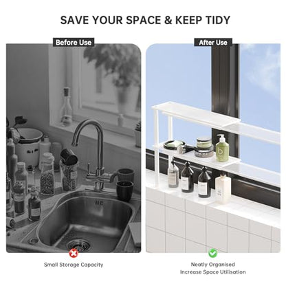 Expandable Window Shelf for Plants Kitchen Sink Organizer Stackable Narrow Shelves Kitchen Countertop Holder Mesh Design (2, White)